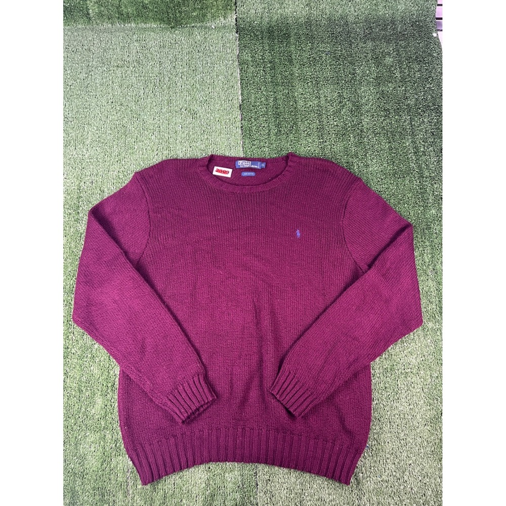 Polo Ralph Lauren Mens XL Burgundy 100% Cotton Crewneck Knit Sweater Purple Pony